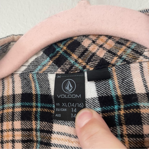 Volcom Getting‎ Rad Plaid Flannel Shirt Girls Size Large XL 14/16 Brown Gold - Picture 5 of 7